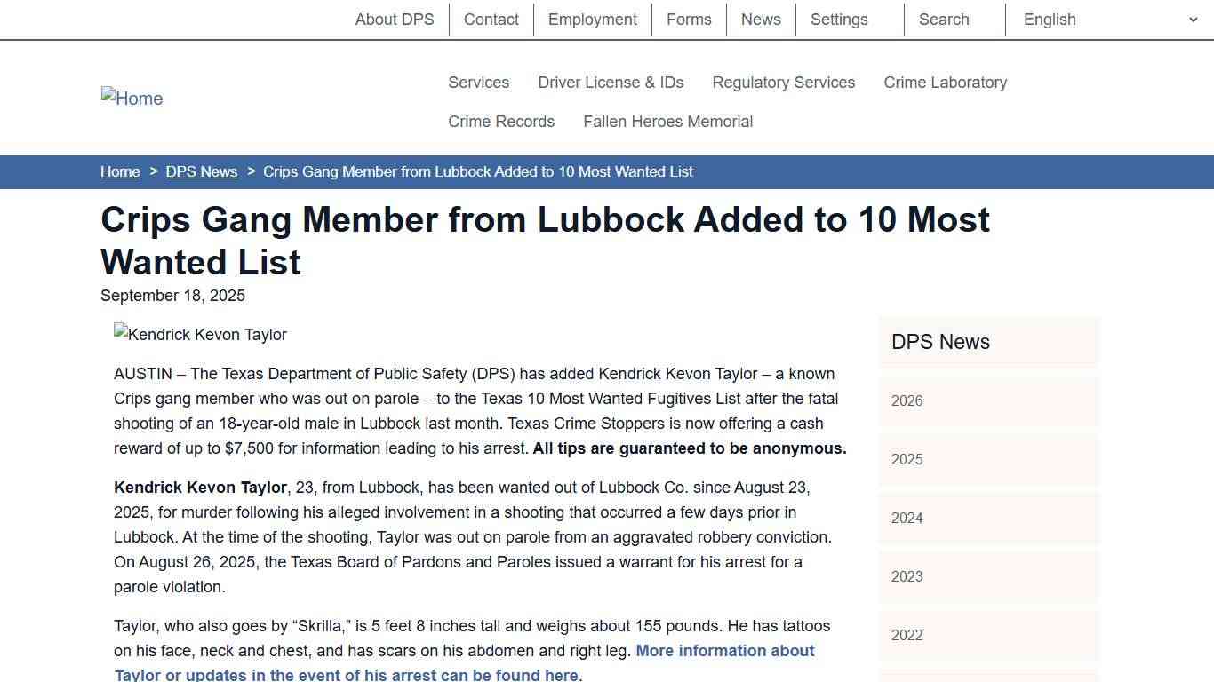 Crips Gang Member from Lubbock Added to 10 Most Wanted List Department of Public Safety